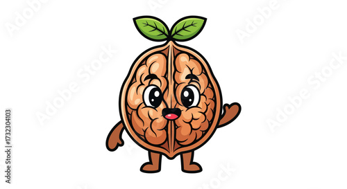 Anthropomorphic walnut character with leaves, expressive face and whimsical personality design