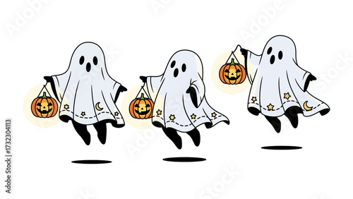 Spooky Halloween Trio: Three whimsical ghosts, each clutching a glowing pumpkin basket, hover against the backdrop of a festive celebration. A classic Halloween illustration