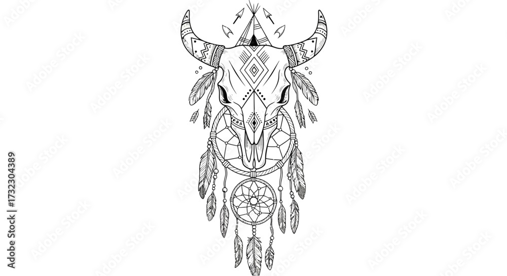Obraz premium Boho illustration featuring decorated bull skull, teepee and dreamcatcher tattoo design