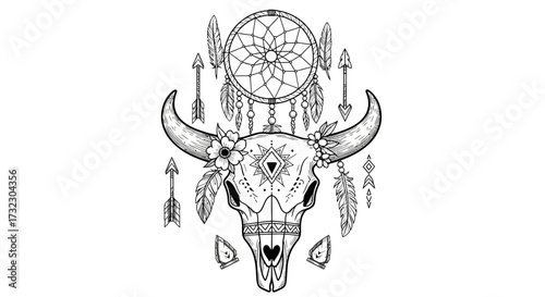 Boho Inspired Illustration Featuring a Bull Skull Adorned with Dreamcatcher and Feathers
