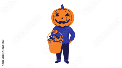 Halloween Figure with Pumpkin Head: A whimsical illustration showcases a character embodying the spirit of Halloween, with a carved pumpkin head and a bucket brimming with treats.