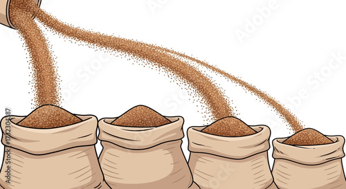 Brown crystalline substance pouring into successive sacks against clean background
