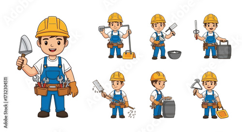 Cartoon Construction Worker Clipart Set with Diverse Tools and Engaging Poses for Graphic Design