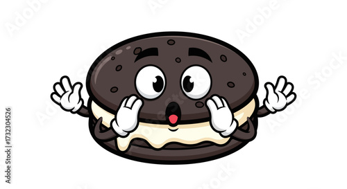 Cartoon chocolate sandwich cookie character showing surprise with hands on cheeks on white
