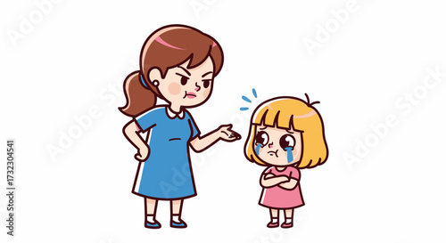 Cartoon depiction of a mother scolding her daughter in an animated scene of family conflict and