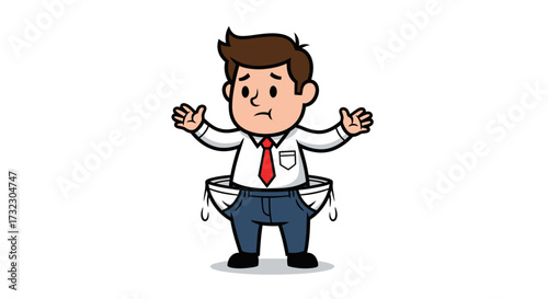 Cartoon man with empty pockets symbolizing financial difficulties or economic hardship