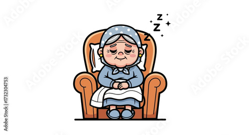 Cartoon illustration of an elderly woman peacefully dozing in an armchair after a long day
