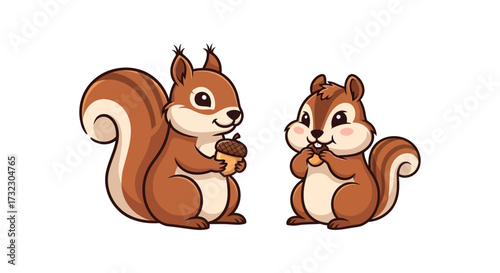 Cartoon squirrel duo enjoying acorns in a whimsical and adorable vector illustration