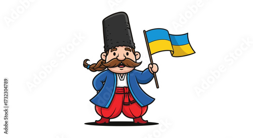 Cartoon Ukrainian cossack with traditional attire and the national flag in hand holding with pride