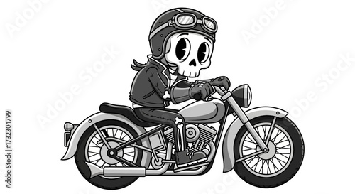 Cartoon skeleton biker riding a vintage motorcycle with helmet and goggles artwork