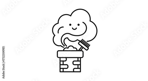 Charming chimney sweep icon with smiling smoke and cleaning brush illustration