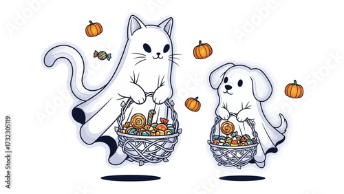 Spooky Halloween Treat: An enchanting illustration captures a friendly ghost-cat and ghost-dog, joyfully collecting sweet treats in baskets, surrounded by pumpkins and candies.
