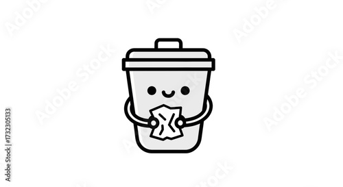Cheerful bin character with paper waste encourages proper disposal practices and environmental