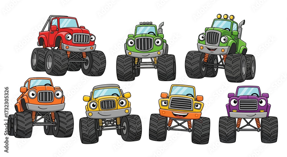 Naklejka premium Colorful and playful monster truck cartoon vehicles with friendly faces for children design