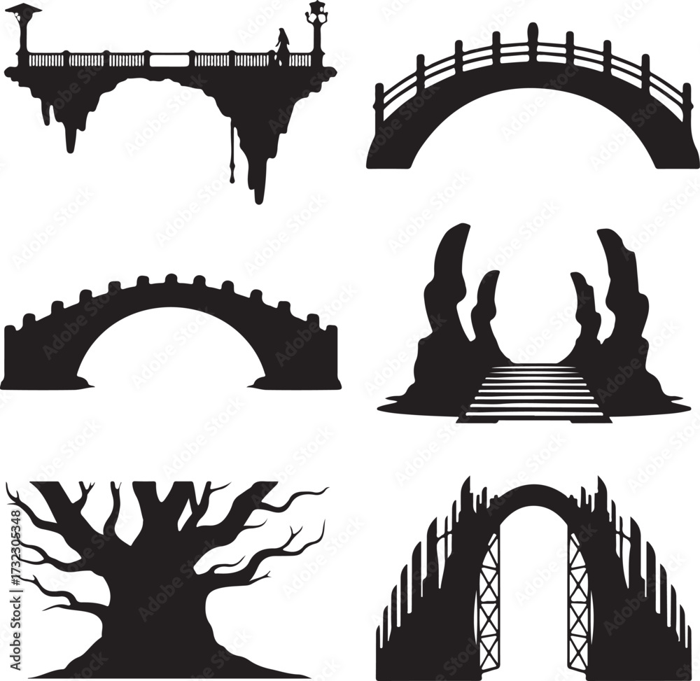 Fototapeta premium Black silhouettes of bridges and a tree arch stone