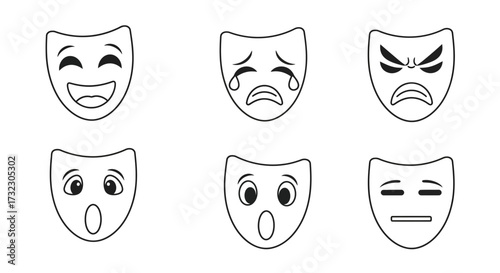 Collection of varied emotional expressions represented through theatrical masks graphic icons