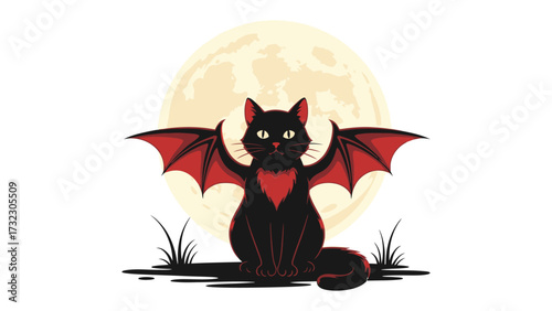 Halloween Cat with Bat Wings and Moon: A spooky black cat, adorned with striking bat wings and set against a luminous full moon, evoking a playful yet eerie atmosphere.