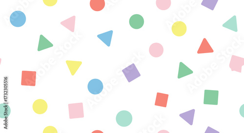 Delicate seamless pattern featuring pastel colored circles triangles and squares scattered