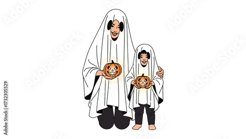 Spooky Duo: A person and a child dressed as ghosts, each holding a carved pumpkin lantern, stand together ready for Halloween festivities, embodying the spirit of the holiday.