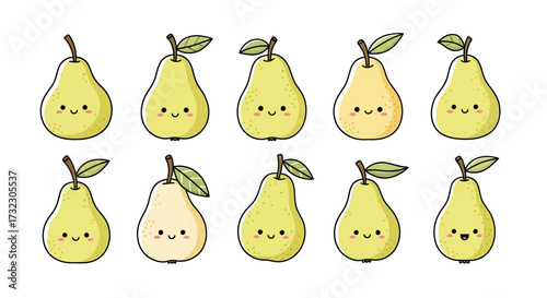 Delightful array of charming pear characters with unique expressions in soft pastel tones