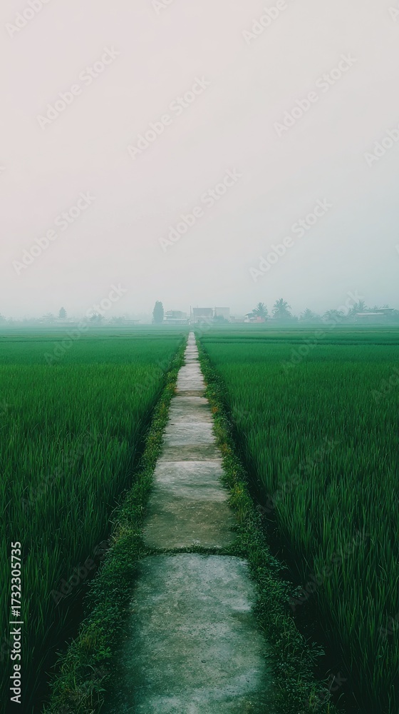 Obraz premium Path through rice field on misty day. Agriculture, tourism, peaceful background