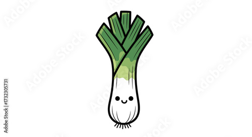 Delightful leek character illustration with a charming expression and vibrant green foliage