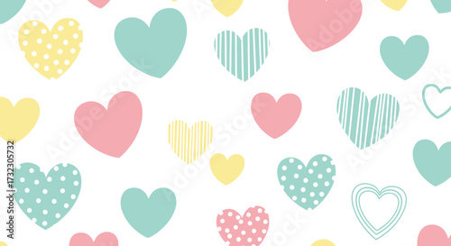 Delightful pastel hearts scattered on a white background creating a cheerful pattern  of love