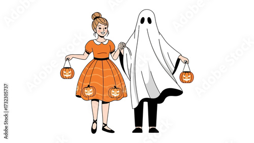 Spirited Halloween Night Out: A pair of trick-or-treaters, a little girl and a playful ghost, ready to light up the night with pumpkin lanterns, embody the joy of Halloween.