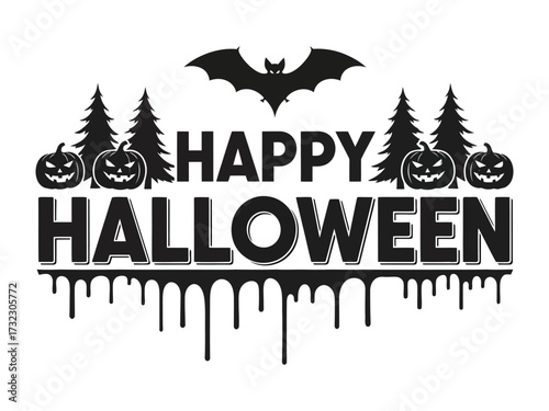 Happy Halloween: A captivating Halloween-themed image, featuring a haunting bat, spooky pumpkins, eerie trees and a dripping effect, all set against a striking background.