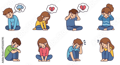 Depicting emotions: a collection of cartoon characters exhibiting sadness and distress