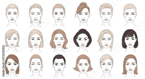 Diverse collection of female face outlines showcasing varying hairstyles and facial features