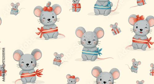 Enchanting seamless pattern featuring adorable gray mice adorned with festive ribbons and charming