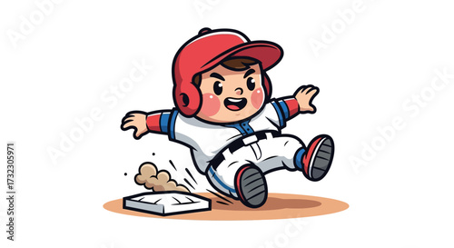 Energetic cartoon of a young baseball player sliding with excitement into a base