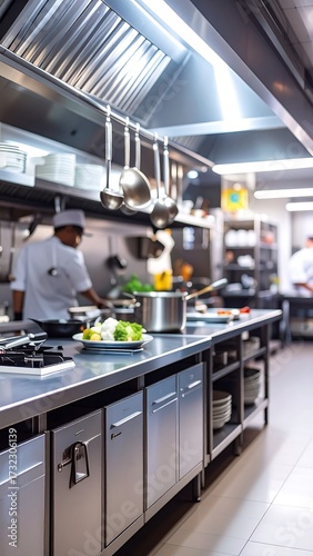 Blurry commercial kitchen interior