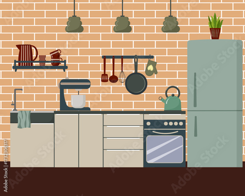 A modern kitchen interior with appliances against a brick wall. A refrigerator, a set of cabinets, and a stove. A mixer, a kettle, and cooking utensils are also on display. Shelves are lined with