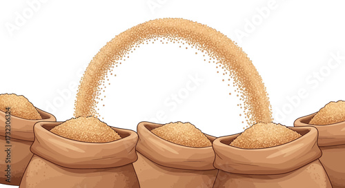 Illustration of brown sugar cascading into cloth sacks against a stark white backdrop