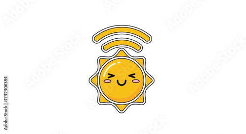 Joyful sun character broadcasting wireless signal on white background for technology icon or