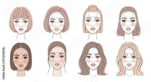 Illustrations presenting different female face shapes and brow styling for cosmetic design