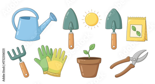 Illustrative gardening essentials collection showcasing tools for nurturing new life