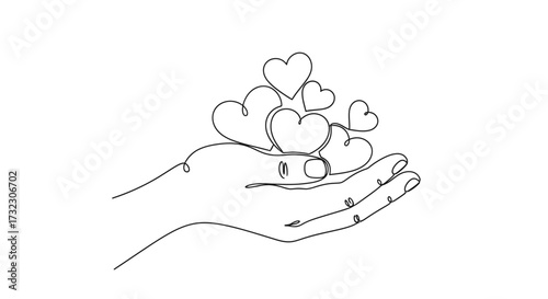 Minimalist line drawing of a hand holding hearts, conveying love, care, and affection with