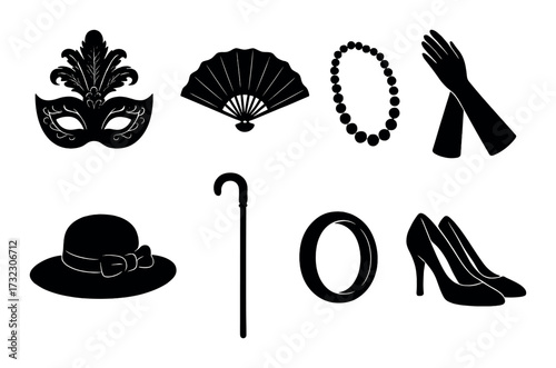 Vintage fashion silhouettes: mask, fan, necklace, gloves, hat, cane, bracelet, heels