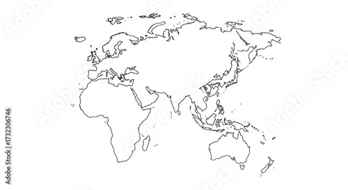 Minimalist world map outline showcasing continents and global landmass formations