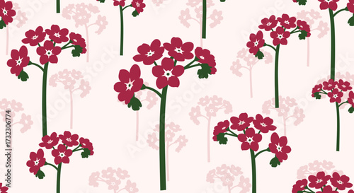 Floral repeat pattern with dark red flowers on green stalks