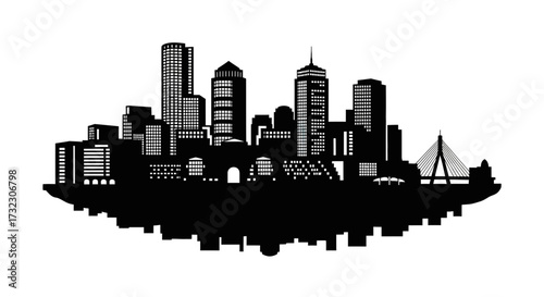 Monochrome urban skyline silhouette with building reflections against a stark white background