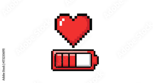 Pixelated vitality indicator showcasing energy depletion with a vibrant red heart above