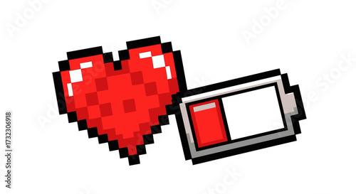 Pixelated heart near depleting battery symbolizing health and energy concept game or lifestyle