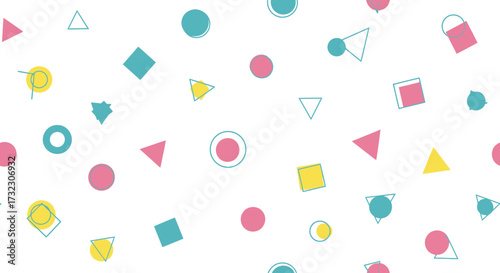 Playful geometric patterns with soft pastel hues scattered across a white backdrop creates a