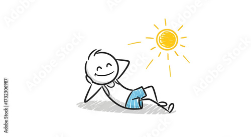 Relaxing stick figure basking in the sunshine, depicting leisure and carefree summer vacation