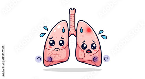 Stressed cartoon lungs illustration showcasing pulmonary health issues and respiratory distress