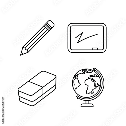 Set of linear vector icons for school and education, featuring a pencil, eraser, whiteboard, and globe